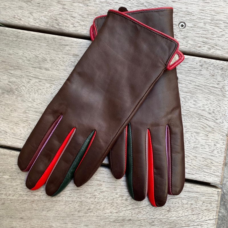 Brun Fiona skindhandske med farvede fingre - Freja skind