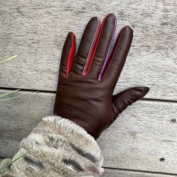 Brun Fiona skindhandske med farvede fingre - Freja skind