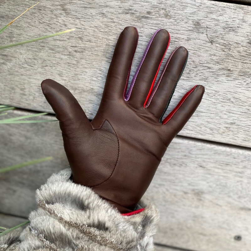 Brun Fiona skindhandske med farvede fingre - Freja skind