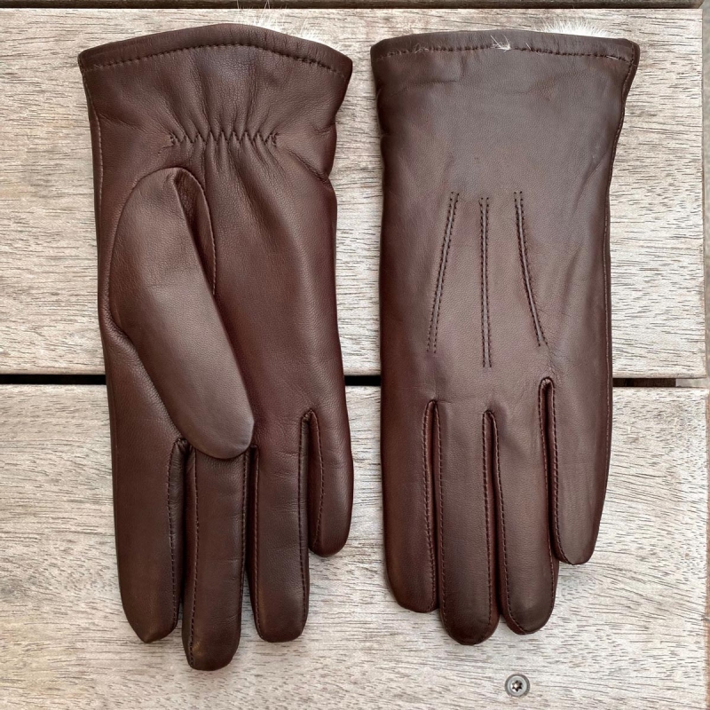 Brun dame skindhandske med kaninpelsfoer - Levinsky