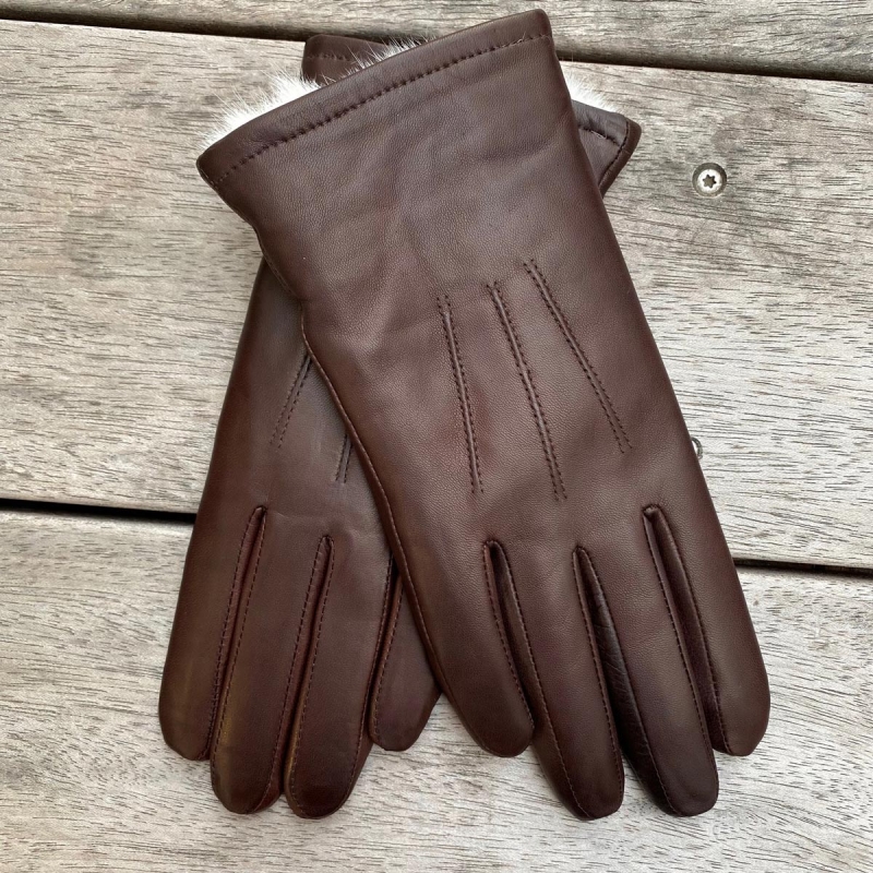 Brun dame skindhandske med kaninpelsfoer - Levinsky