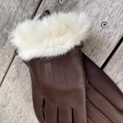 Brun dame skindhandske med kaninpelsfoer - Levinsky