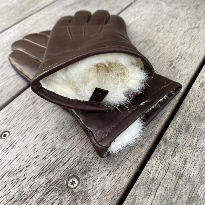 Brun dame skindhandske med kaninpelsfoer - Levinsky