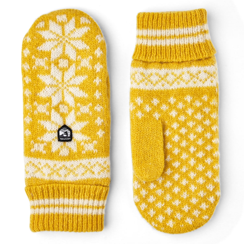 Isvik strikluffe - Hestra - Gul og offwhite - Freja skind