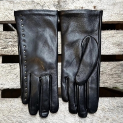 Goldie dame skindhandske med guld nitter og touch - Freja skind