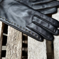 Goldie dame skindhandske med guld nitter og touch - Freja skind