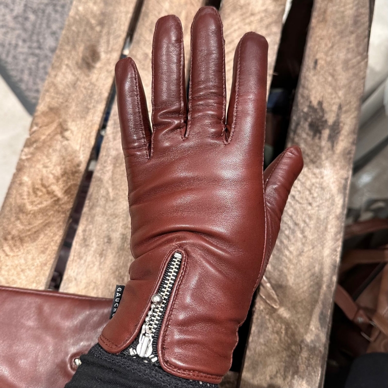 Cognac damhandske i skinn - Gaucho skinnhandske i mjukt lammskinn