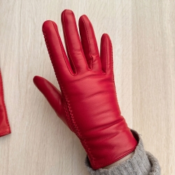 Rød dame skindhandske - Blød skind med strikfoer af uld - Levinsky - Freja skind