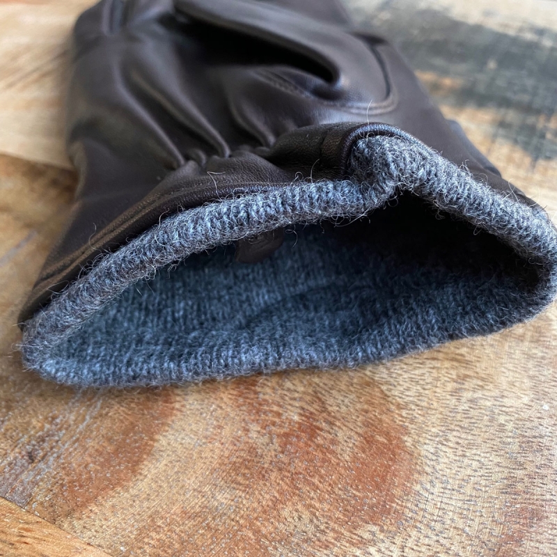 Brun herre skindhandske - Blød lammeskind med strikfoer af uld - Freja skind