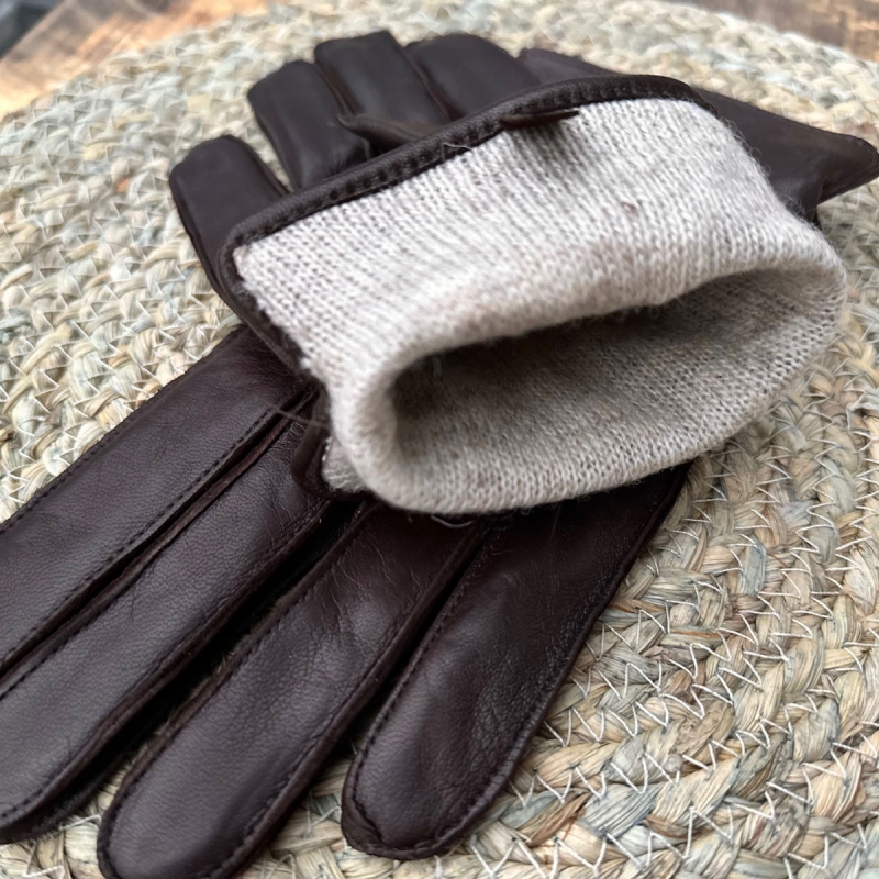 Brun herre fingerhandske i blød skind - Strikfoer - Claude