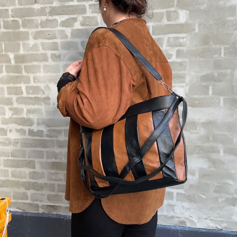 Henny dametaske i sort og cognac skind - Freja skind