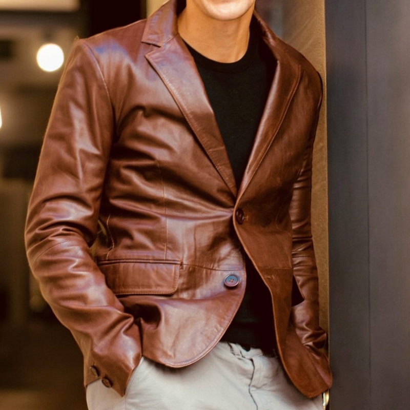 Russell herrskinnblazer - Cognac mjukt lammskinn - Freja Skind