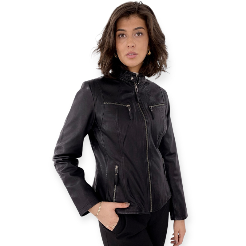 Sort dame skindjakke i sporty design - Blød skind - Freja skind