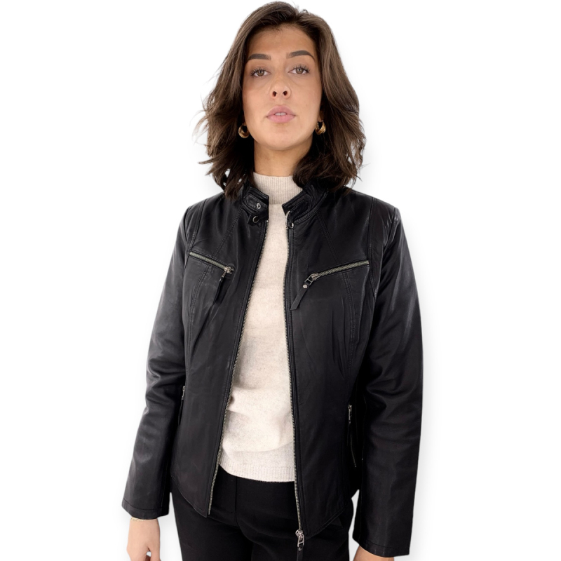 Sort dame skindjakke i sporty design - Blød skind - Freja skind