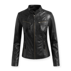 Sort dame skindjakke i sporty design - Blød skind - Freja skind