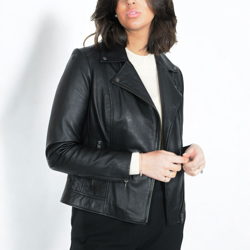 sort plus size dame bikerjakke - blød skind - Freja skind