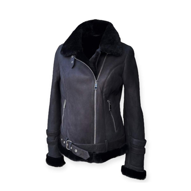 Kort sort dame rulamsjakke - Unik fra Freja skind.