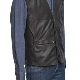 Plus size Sort herre skindvest med sidelommer