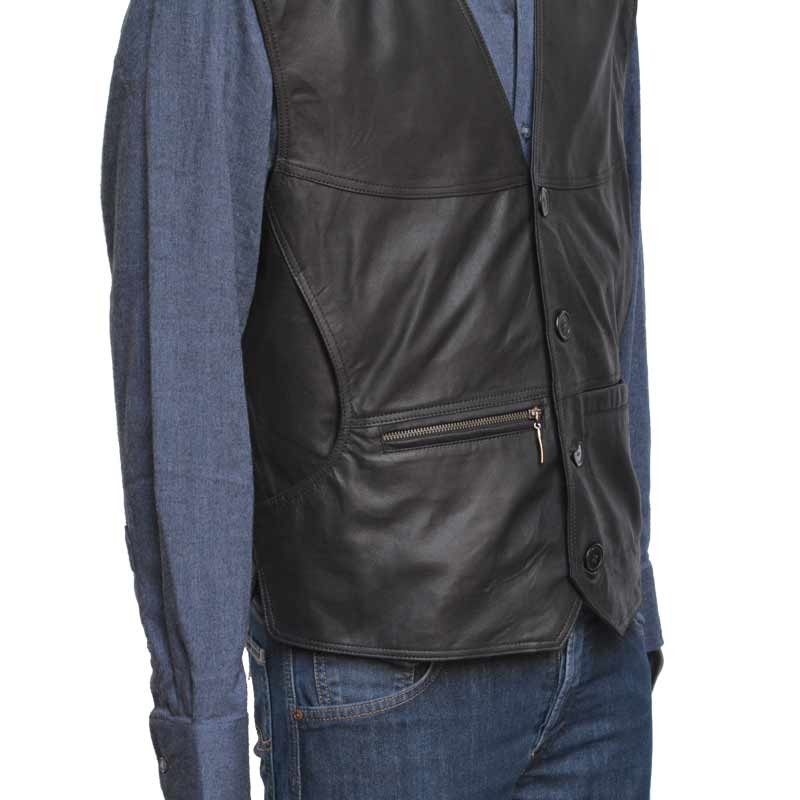 Plus size Sort herre skindvest med sidelommer