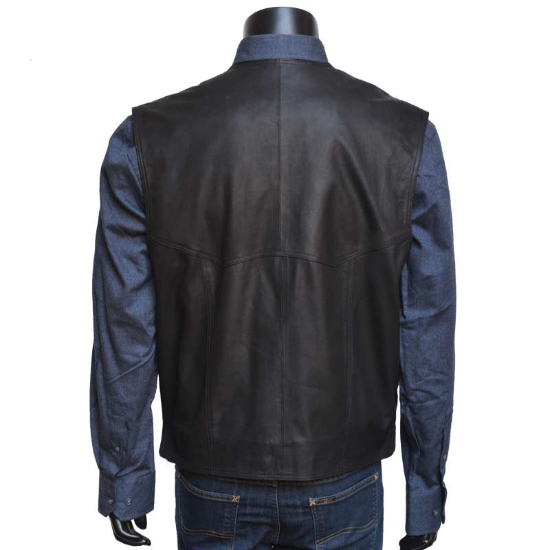 Plus size Sort herre skindvest med sidelommer