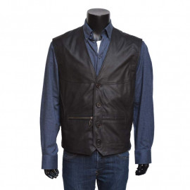 Plus size Sort herre skindvest med sidelommer