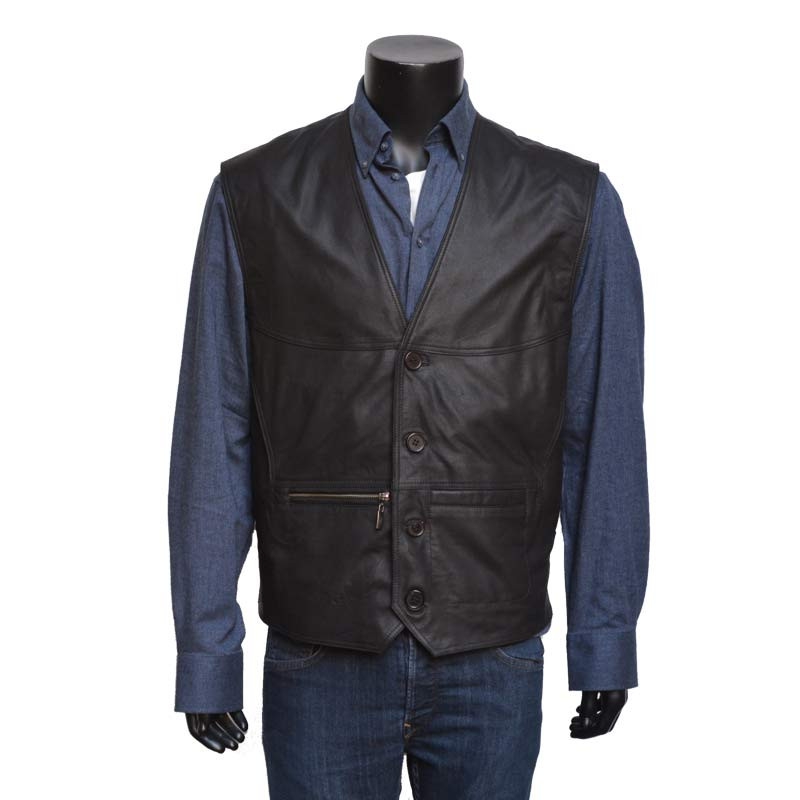 Plus size Sort herre skindvest med sidelommer
