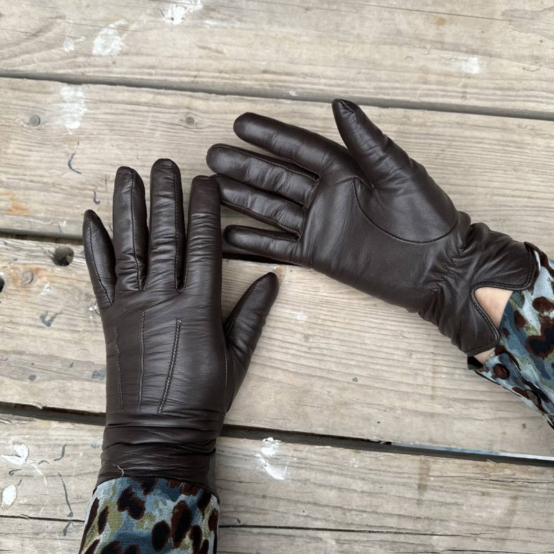 Nancy damehandske i blød brun skind med uldfoer - Natures collection