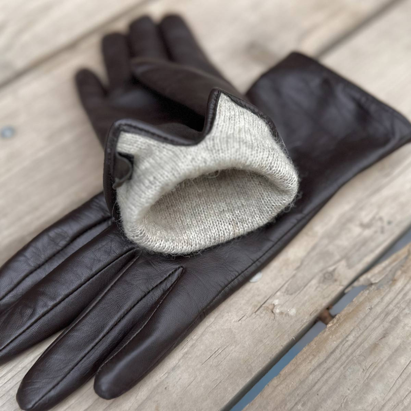 Nancy damehandske i blød brun skind med uldfoer - Natures collection