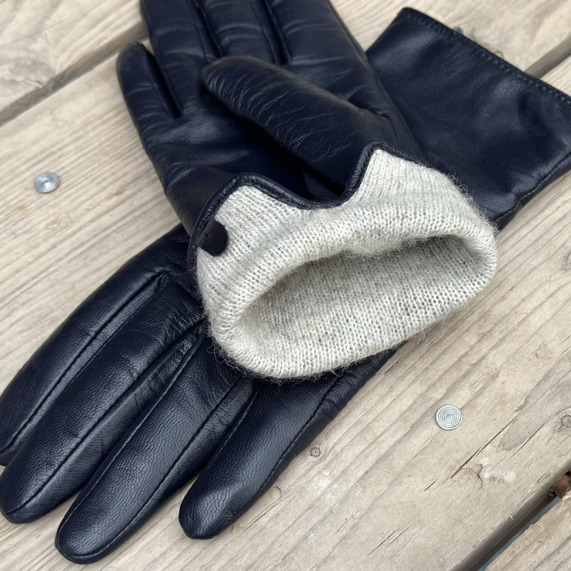 Nancy damehandske i blød navy blå skind med uldfoer - Natures collection