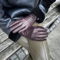 Brun dame skindhandske - Blød skind med strikfoer af uld - Levinsky - Freja skind