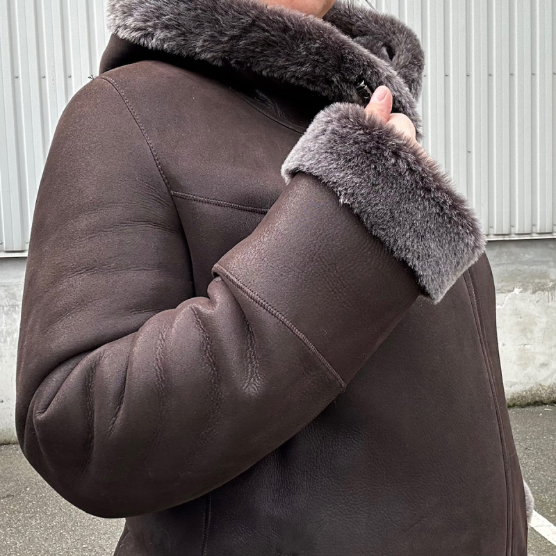 Melika fårskinnsjacka för dam - Mellanlång modell med huva - Brunt fårskinn