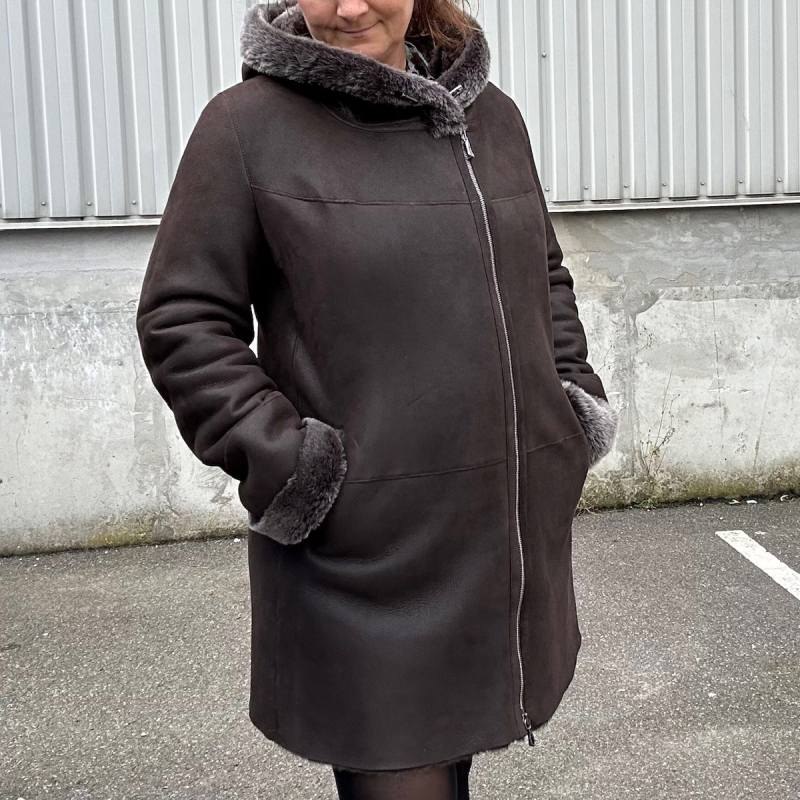 Melika fårskinnsjacka för dam - Mellanlång modell med huva - Brunt fårskinn