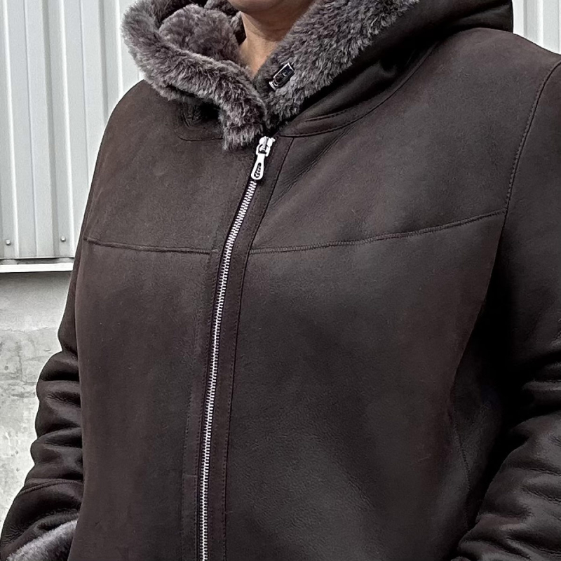 Melika fårskinnsjacka för dam - Mellanlång modell med huva - Brunt fårskinn