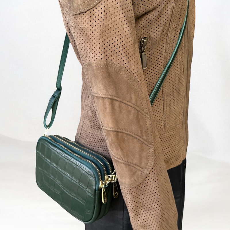 Beatrice crossbody-väska och clutch - Grön crocopräglad skinn