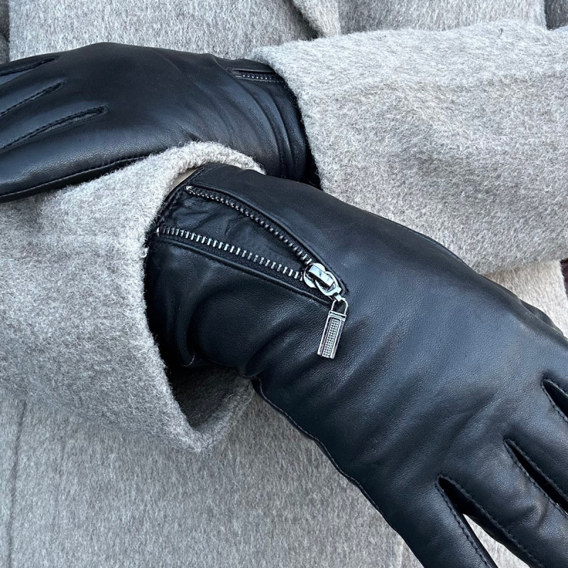 Sort Hella skindhandske med lynlås dame - Levinsky