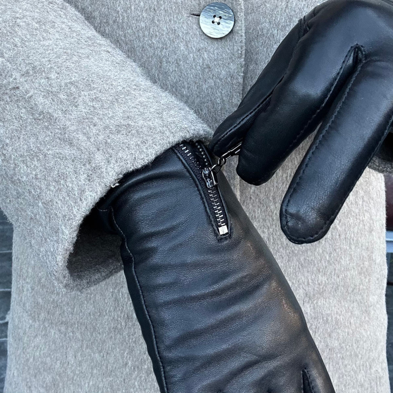 Sort Hella skindhandske med lynlås dame - Levinsky