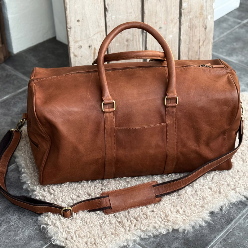 Dublin weekendväska i vintage cognac buffelläder - Freja Skind
