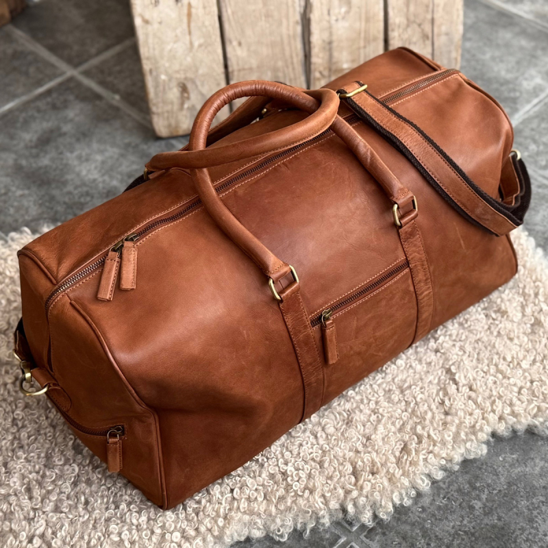 Dublin weekendtaske i vintage cognac bøffellæder - Freja skind
