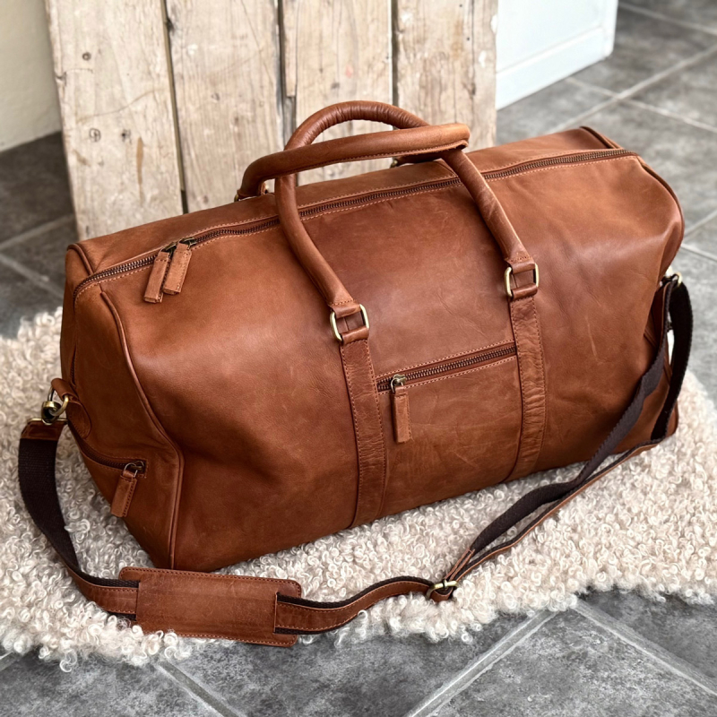 Dublin weekendtaske i vintage cognac bøffellæder - Freja skind