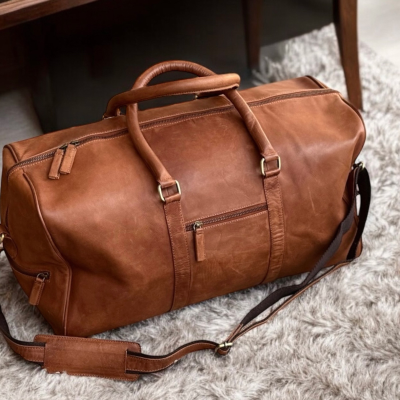 Dublin weekendväska i vintage cognac buffelläder - Freja Skind