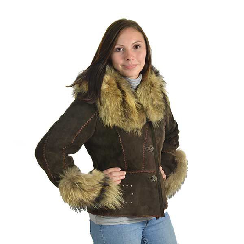 Kort shearlingjacka med pälskrage och detaljer. Brun shearlingjacka