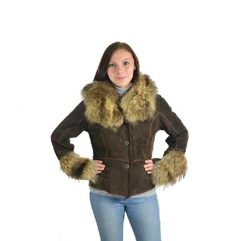 Kort shearlingjacka med pälskrage och detaljer. Brun shearlingjacka