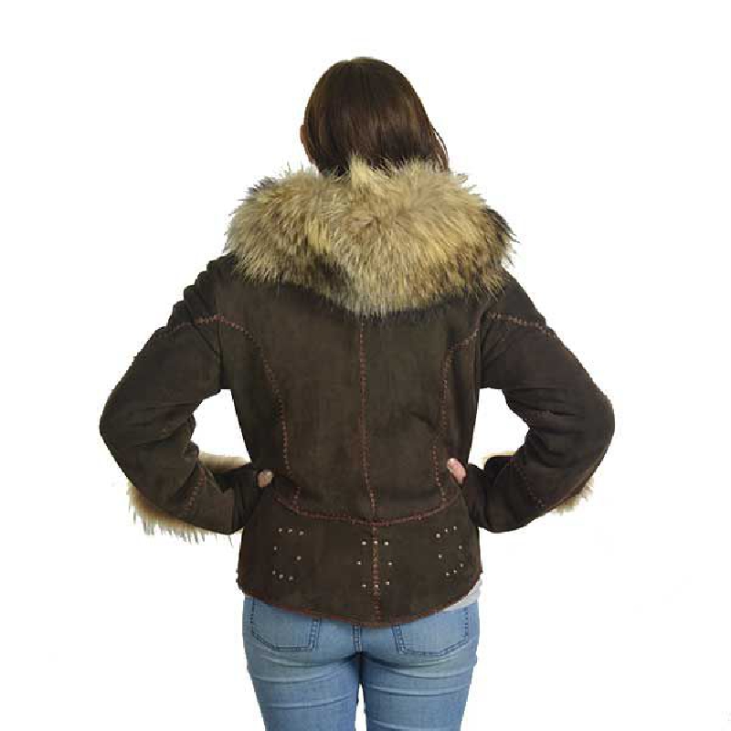 Kort shearlingjacka med pälskrage och detaljer. Brun shearlingjacka