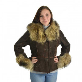 Kort shearlingjacka med pälskrage och detaljer. Brun shearlingjacka