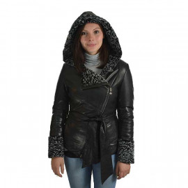 Svart lammskinnsjacka med huva. Lammskinnsjacka m. persianer