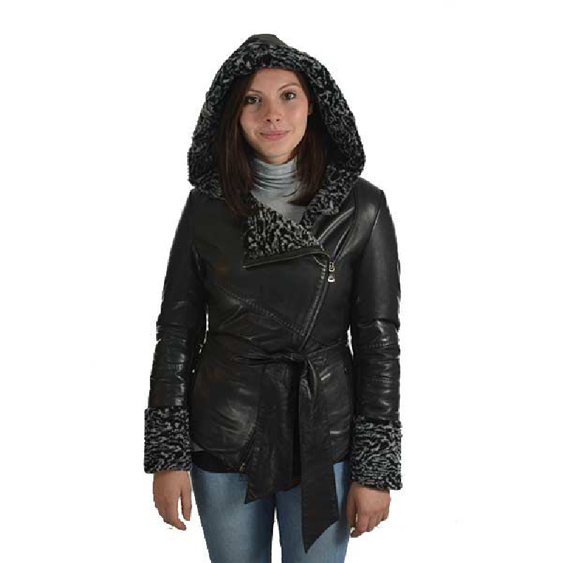 Sort lammskinnsjacka med huva och foder i persisk lam.