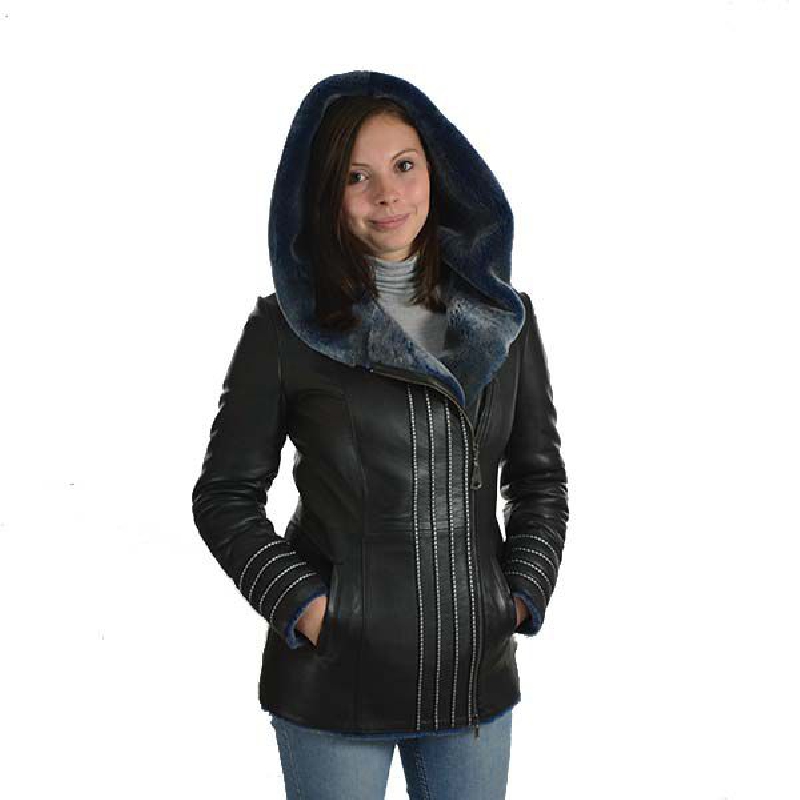 lammeskindsjakke stor hætte. lammeskindsjakke blåt foer bæver