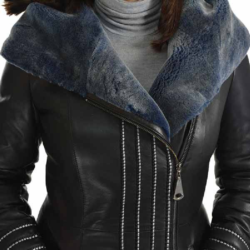 lammeskindsjakke stor hætte. lammeskindsjakke blåt foer bæver