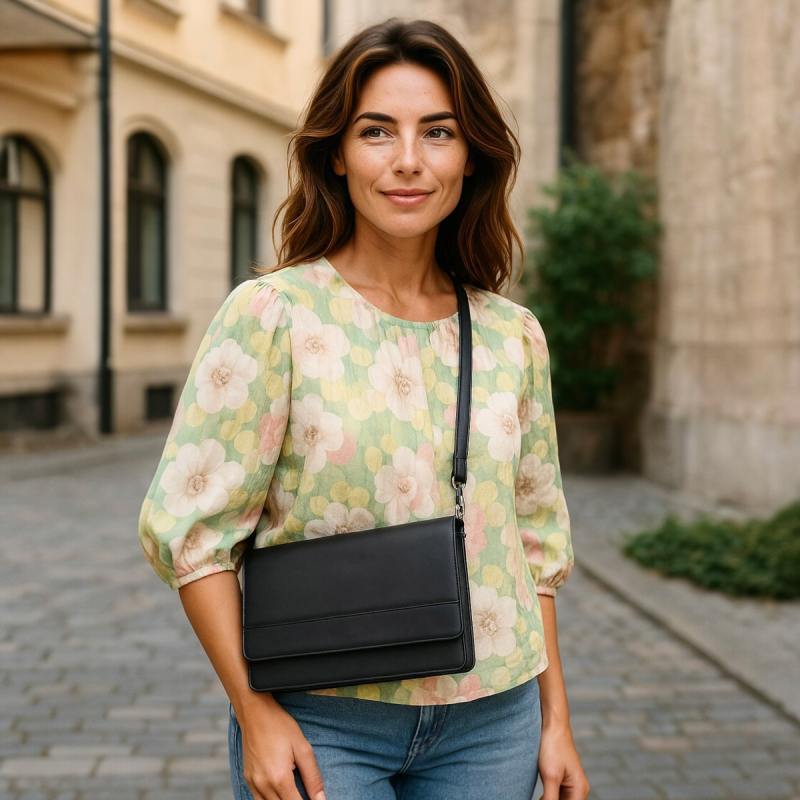 Sort Luna skindtaske med klap - Bøffelskind - Leather design - Freja skind