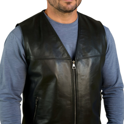 Herre lædervest med lynlås og inderlommer - Freja skind